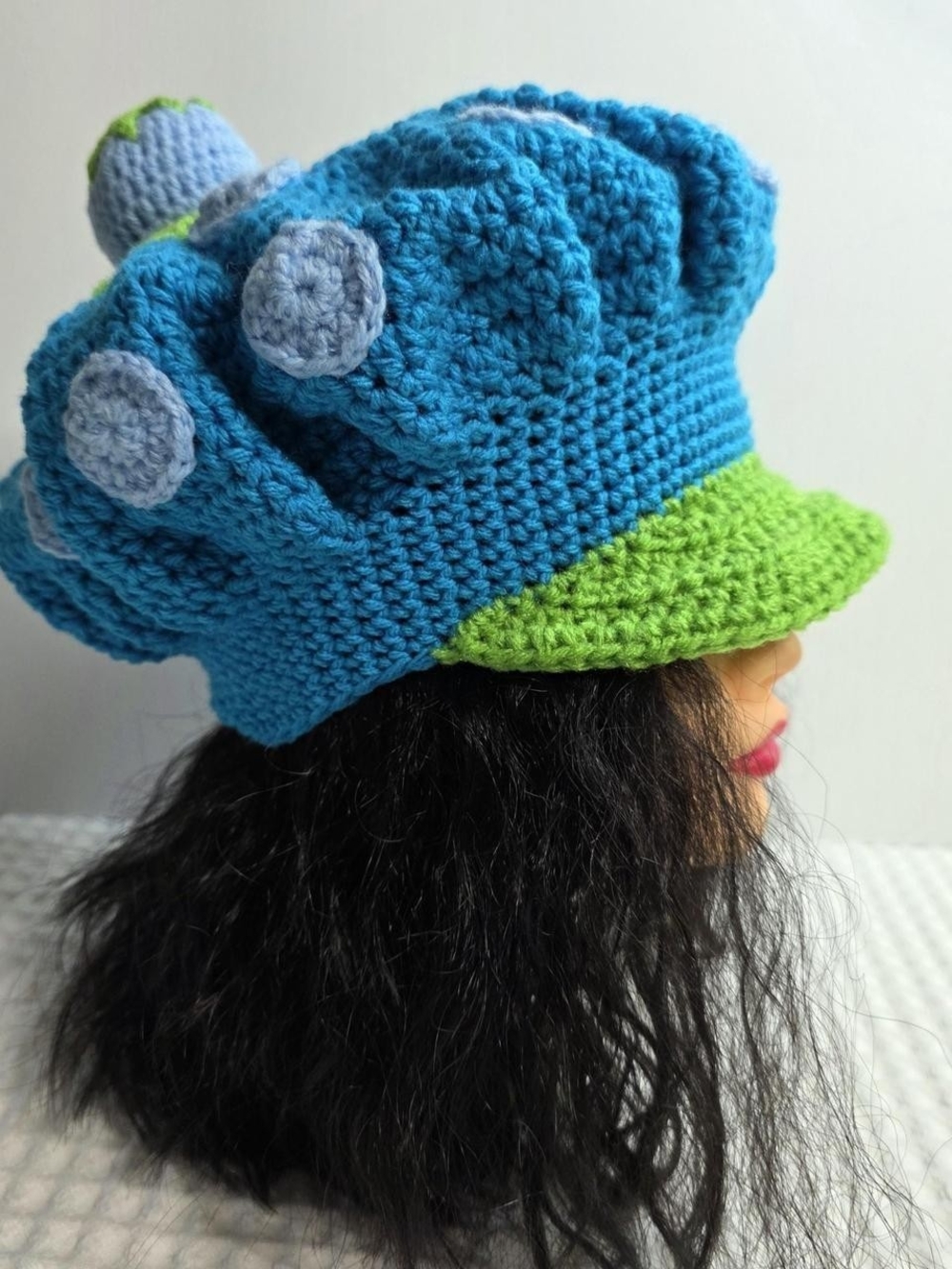 GirlsCrochet Blue and Adorable blueberry muffiLime Brim Hat - Playful Pom Accent